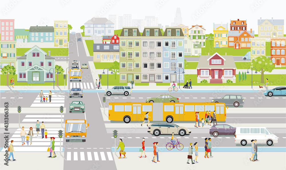 Stadtsilhouette Familien und Menschen auf dem Bürgersteig mit Straßenverkehr Illustration