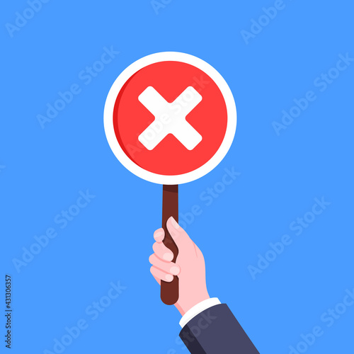 Hand hold check mark cross x round banner plate business concept flat style design vector illustration. Demonstration placard banner or test choice voting dispute.