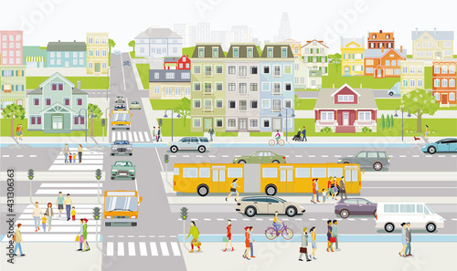 Stadtsilhouette Familien und Menschen auf dem Bürgersteig mit Straßenverkehr Illustration