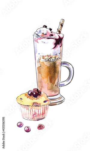 Watercolor glass of coffee, muffin
