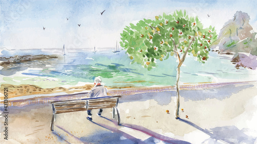 Old man sitting on the bench and watching yachts in the sea