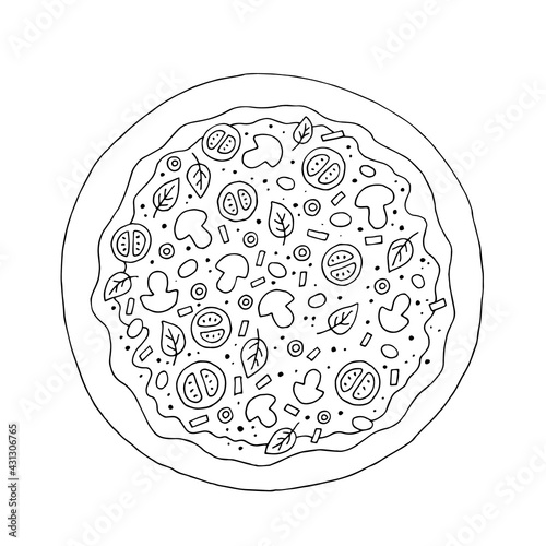 Pizza with mushrooms. Food, snack, baked goods. Vector. Doodle. Hand-drawn illustration. Silhouette. Black and white outline. Coloring.