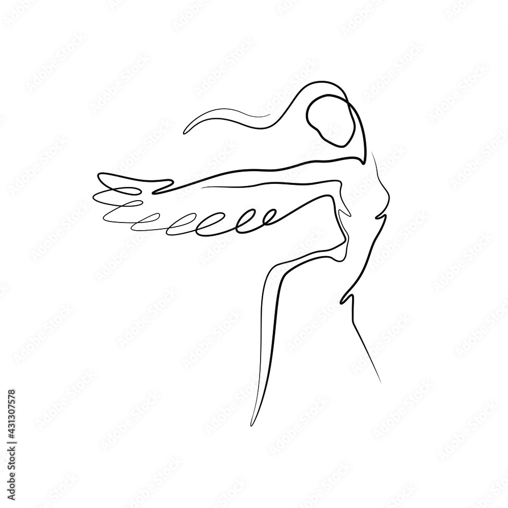 Woman with wings, continuous line drawing, small tattoo, print for