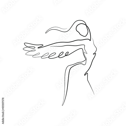 Woman with wings, continuous line drawing, small tattoo, print for clothes and logo design, emblem or logo design, silhouette one single line, isolated abstract vector illustration.
