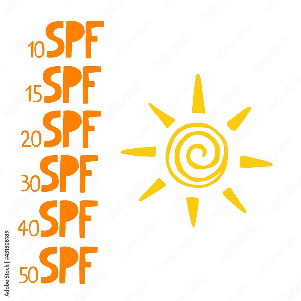 SPF sun set. Hand drawn doodle solar symbols, uv protection emblem