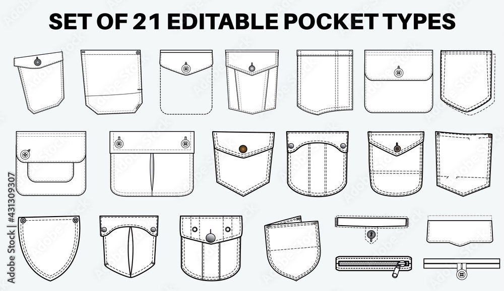 Patch pocket flat sketch vector illustration set, different types of  Clothing Pockets for jeans pocket, denim, sleeve arm, cargo pants, dresses,  garments, Clothing and Accessories Stock Vector | Adobe Stock