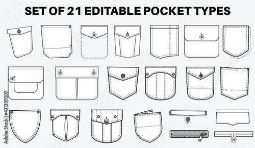Patch pocket flat sketch vector illustration set, different types of Clothing Pockets for jeans pocket, denim, sleeve arm, cargo pants, dresses, garments, Clothing and Accessories