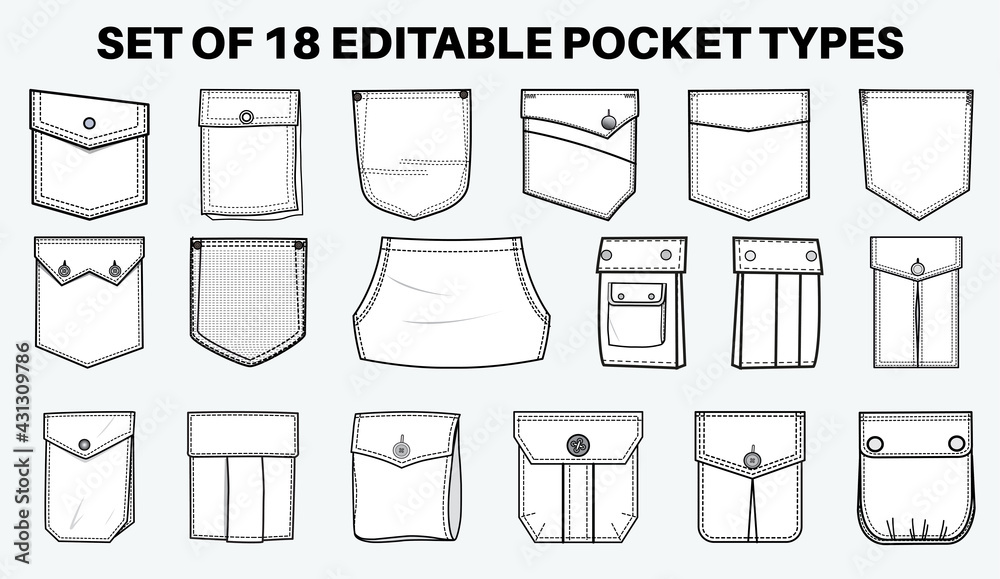Patch Pocket Flat Sketch Vector Illustration Set, Different Types Of ...
