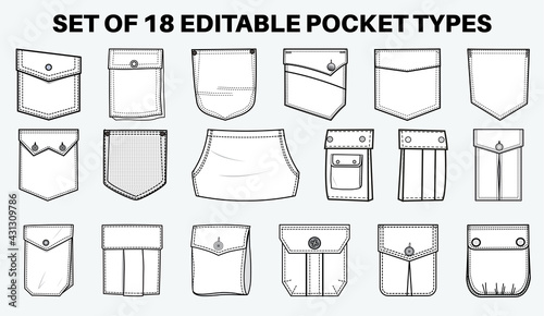 Patch pocket flat sketch vector illustration set, different types of Clothing Pockets for jeans pocket, denim, sleeve arm, cargo pants, dresses, garments, Clothing and Accessories photo