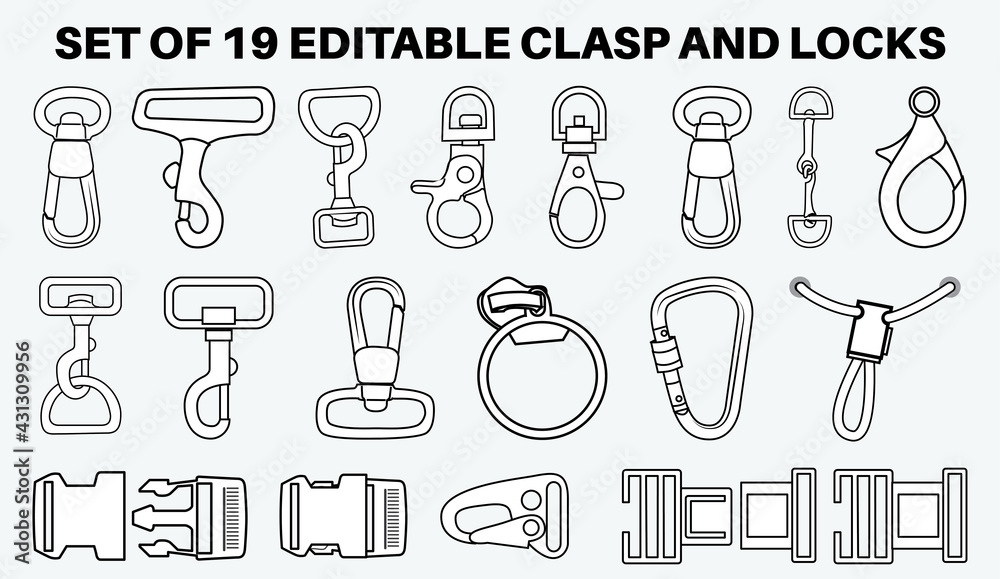 Claw clasps and carabiners flat sketch vector illustration set ...