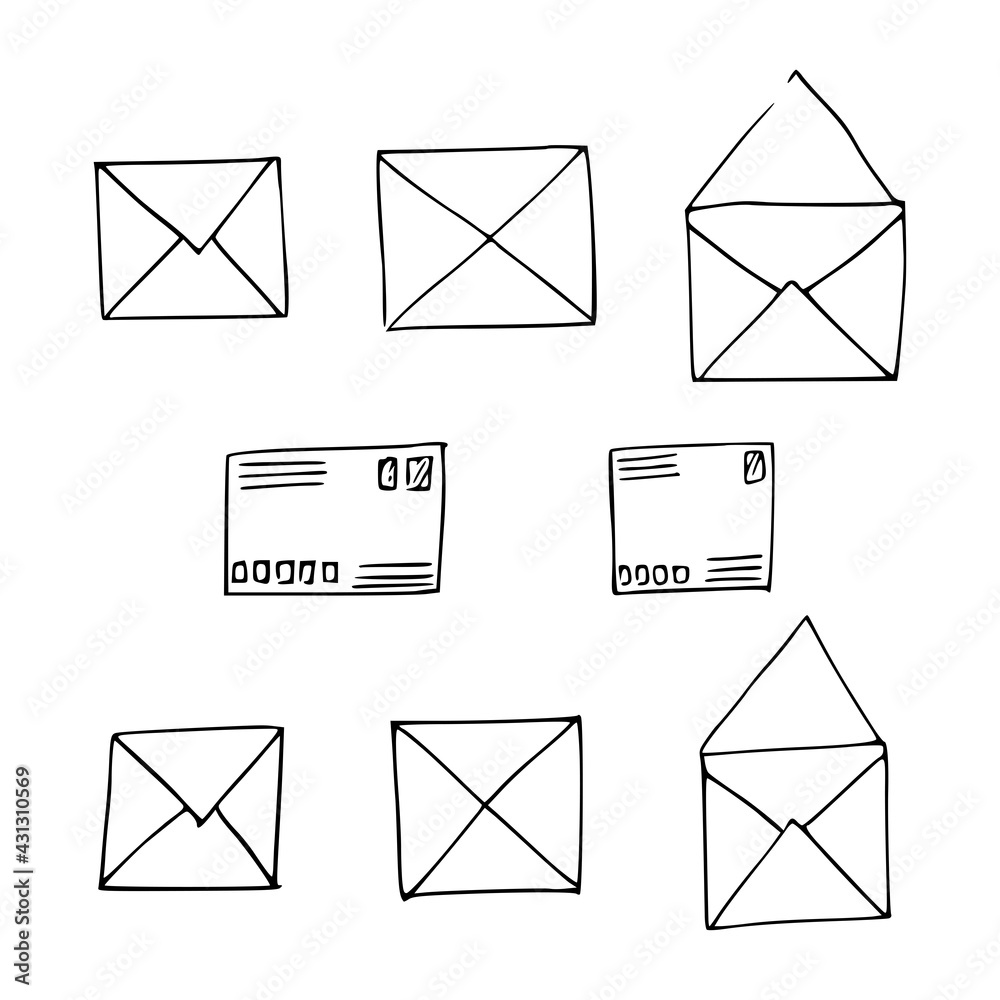 Hand drawn mail, post, letter, envelope. Doodle elements. Mail and post icon in sketch style Hand drawn mail, post, letter, envelope. Doodle elements. Mail and post icon in sketch style