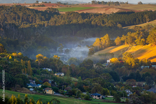 A landscape photo of a misty morning in Forth, a town in northern Tasmania, Australia.