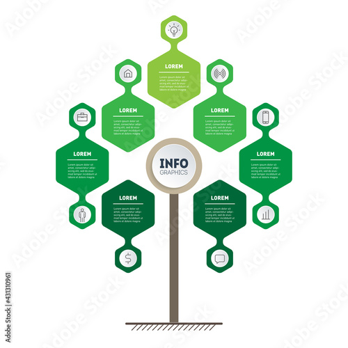 Eco Business presentation concept with 7 options. Infographic of green technology or education process with seven points. Vector. Template of tree, info chart or diagram.