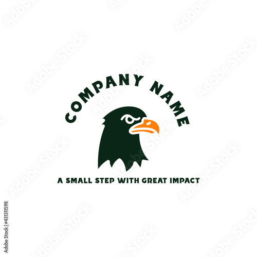 Bold eagle head logo with strong expression, ideal for business, sports, or security branding. Features “Company Name” and tagline “A Small Step With Great Impact” in a clean, professional layout.