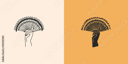 Hand drawn vector abstract stock flat graphic illustration with logo elements set, hand holding a chinesee fan line and silhouette,magic art in simple style for branding,isolated on color background photo