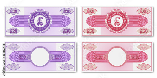 A set of fictional paper money of England. Obverse and reverse of 20 and 50 pounds banknotes or certificates
