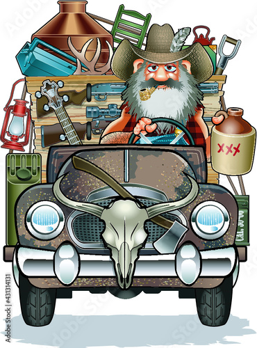 cartoon caricature of hillbilly in rusty 
truck

