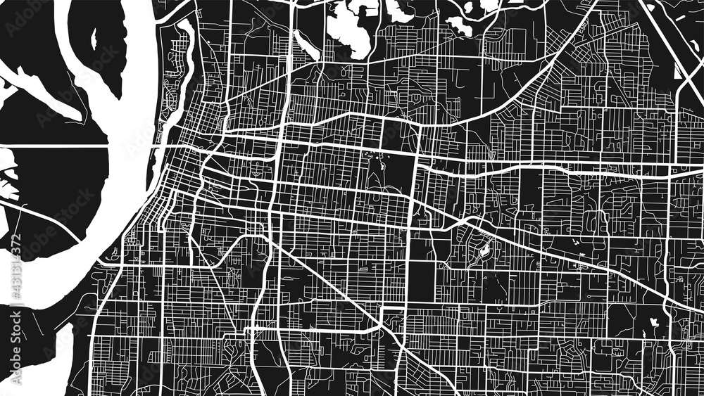 Fototapeta premium Black and white Memphis city area vector background map, streets and water cartography illustration.