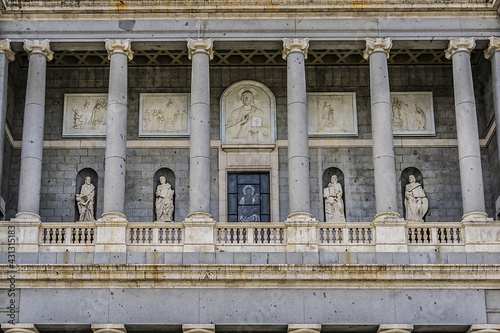 Statues of the main facade of famous Santa Maria la Real de La Almudena - Catholic cathedral in Madrid  Spain.