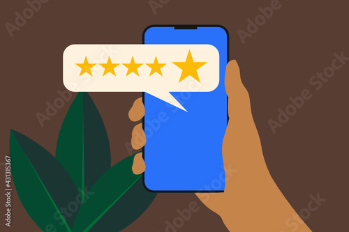 Excelent result. Close up on customer man hand pressing on smartphone screen with gold five star rating feedback icon and press rank for give score point to review the service business. Vector.