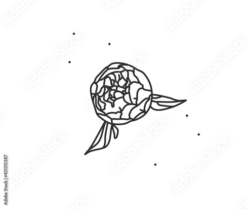 Hand drawn vector abstract stock flat graphic illustration with logo element of line flower art of peony contour tattoo in simple style for branding,isolated on white background