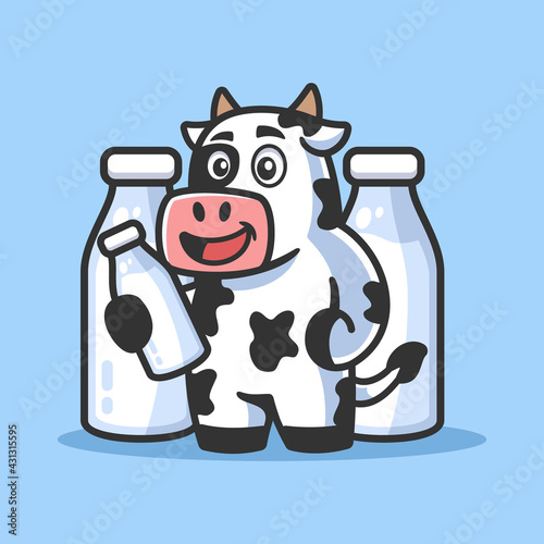 Cartoon Cow with Milk Bottle illustration