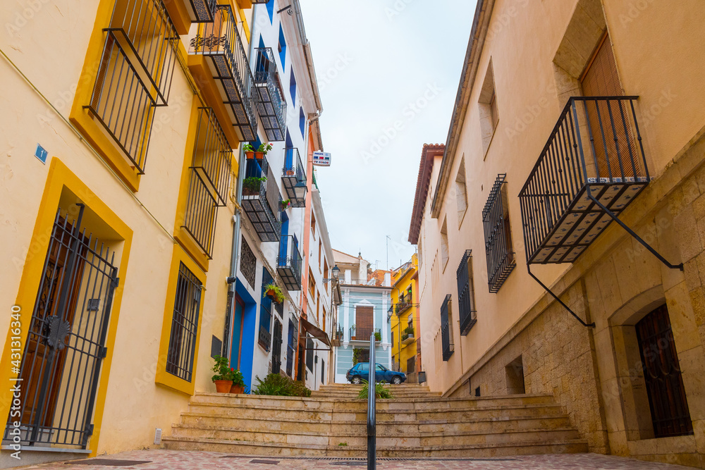 Segorbe, province of Castello, Valencian Community, Spain. Beautiful historic street in the old town.