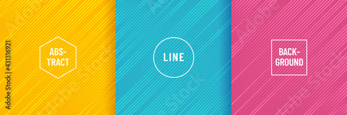 Set of abstract minimal design, Diagonal stripe lines pattern on yellow, pink and blue background. Simple flat trendy color design for presentation, flyer, brochure, website, front page. Vector EPS10