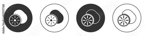 Black Kiwi fruit icon isolated on white background. Circle button. Vector