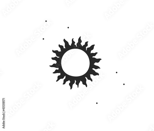 Hand drawn vector abstract stock flat graphic illustration with logo element of magic celestial sun silhouette art in simple style for branding,isolated on white background