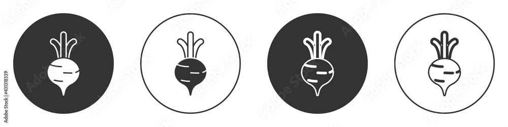 Black Fresh beet with leaf icon isolated on white background. Natural Root. Vegetable Ingredient for food. Circle button. Vector Black Fresh beet with leaf icon isolated on white background. Natural Root. Vegetable Ingredient for food. Circle button. Vector