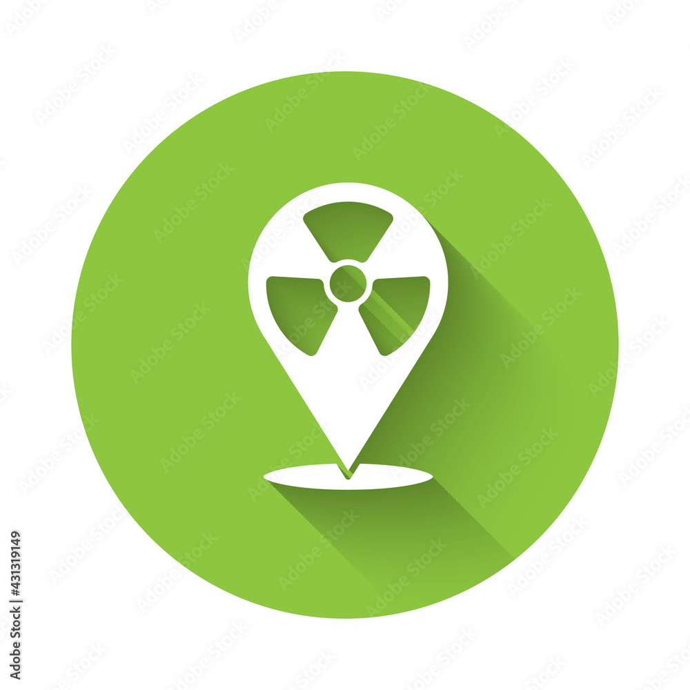 White Radioactive in location icon isolated with long shadow. Radioactive toxic symbol. Radiation Hazard sign. Green circle button. Vector White Radioactive in location icon isolated with long shadow. Radioactive toxic symbol. Radiation Hazard sign. Green circle button. Vector