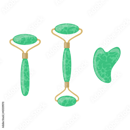 Face massage roller and quartz stone scraper guasha isolated on white background. Vector illustration