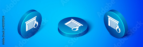 Isometric Fire in burning garage icon isolated on blue background. Blue circle button. Vector