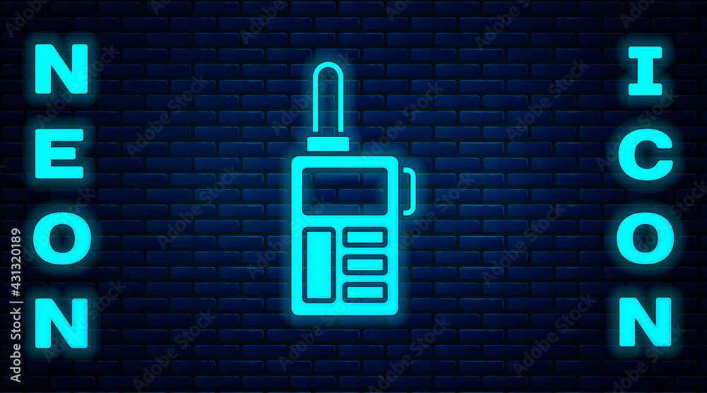 Glowing neon Walkie talkie icon isolated on brick wall background. Portable radio transmitter icon. Radio transceiver sign. Vector Glowing neon Walkie talkie icon isolated on brick wall background. Portable radio transmitter icon. Radio transceiver sign. Vector