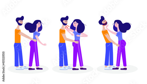 Self-defense. Self-defense technique for a woman. Lesson for girls. How to save from bullies. Vector educational illustration.