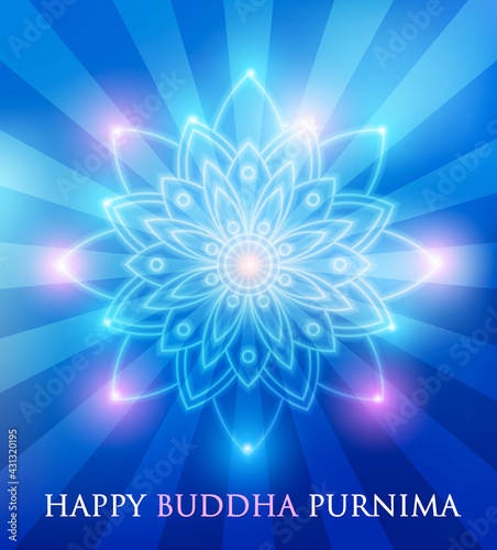 Greeting card with lotus illumination for Buddha’s Birthday festival (Buddha Purnima, Vesak Day). Vector illustration.