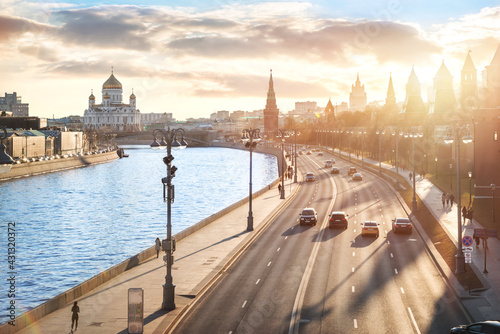 View of the Kremlin embankment, the Moscow Kremlin and the Cathedral of Christ the Savior in Moscow