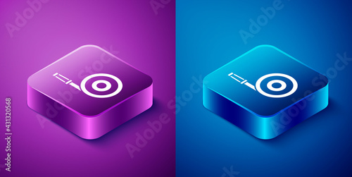 Isometric Fire hose reel icon isolated on blue and purple background. Square button. Vector