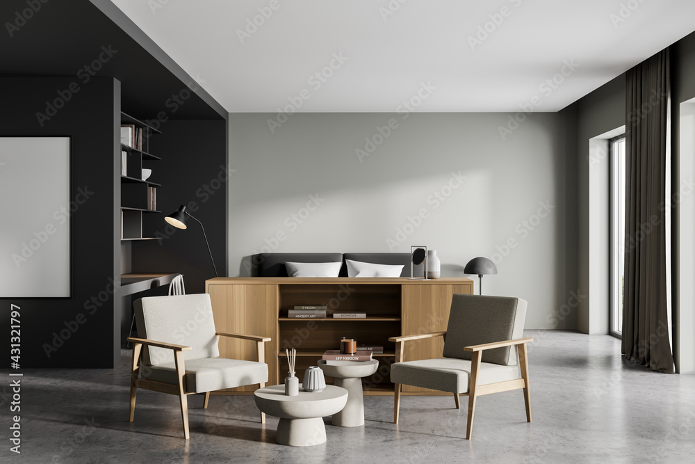 Light bedroom interior with armchairs and bed on concrete floor, mockup poster Light bedroom interior with armchairs and bed on concrete floor, mockup poster