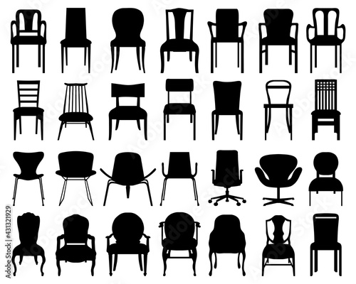 Black silhouettes of different chairs on a white background