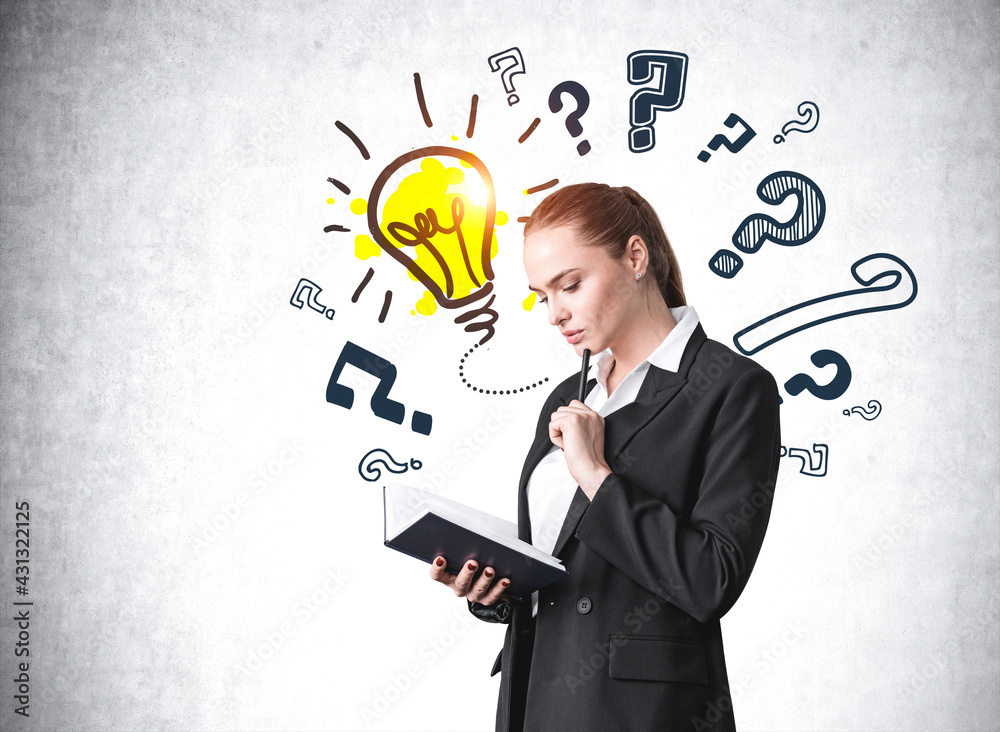 Businesswoman with notebook in hands, question marks and light bulb sketch Businesswoman with notebook in hands, question marks and light bulb sketch