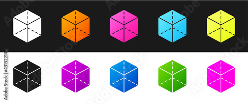 Set Geometric figure Cube icon isolated on black and white background. Abstract shape. Geometric ornament. Vector