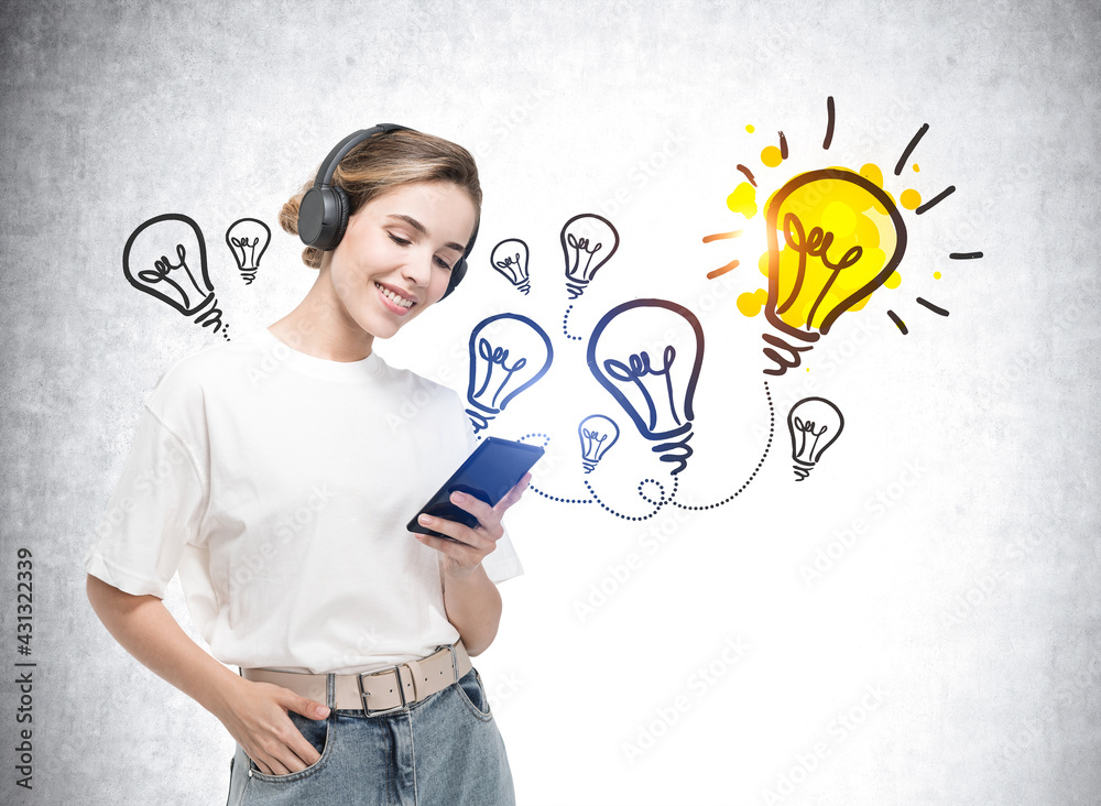 Smiling woman with phone in hand and headphones, light bulbs sketch