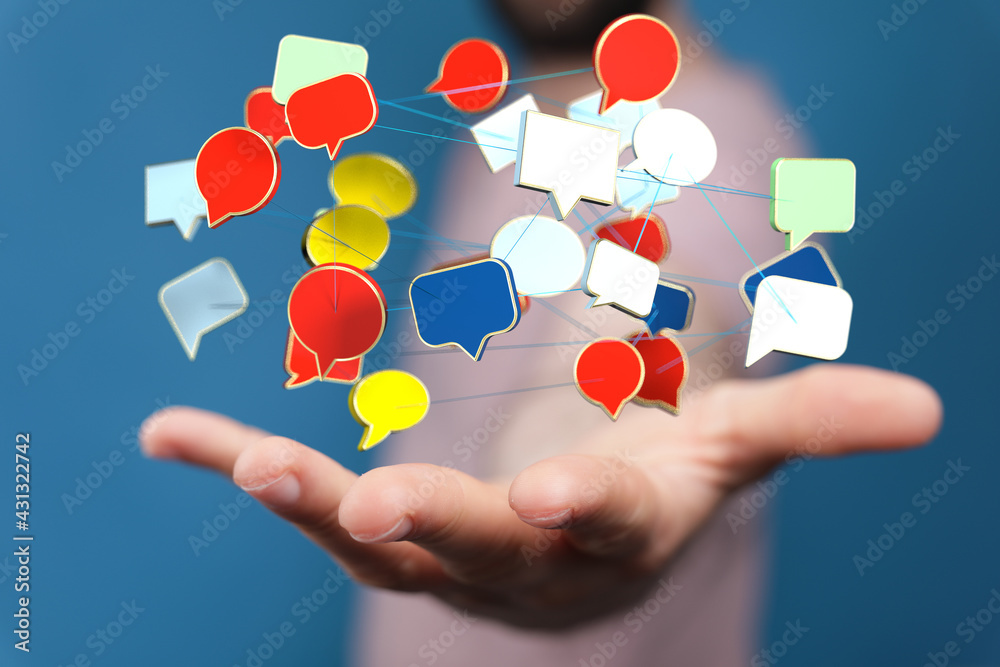 Talk bubble speech icon. Hand holding blank Talk bubble speech icon. Hand holding blank