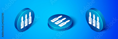 Isometric Medical vial, ampoule, bottle icon isolated on blue background. Vaccination, injection, vaccine healthcare concept. Blue circle button. Vector