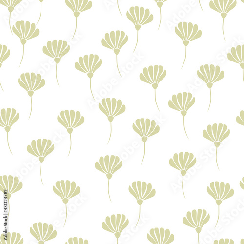 Isolated nature abtract seamless pattern with hand drawn beige flowers silhouettes print. White background.