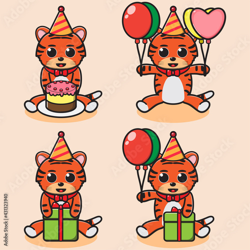 Vector illustration of cute Tiger Party cartoon. Cute Tiger expression character design bundle. Good for icon, logo, label, sticker, clipart.