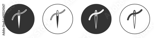 Black Needle for sewing with thread icon isolated on white background. Tailor symbol. Textile sew up craft sign. Embroidery tool. Circle button. Vector