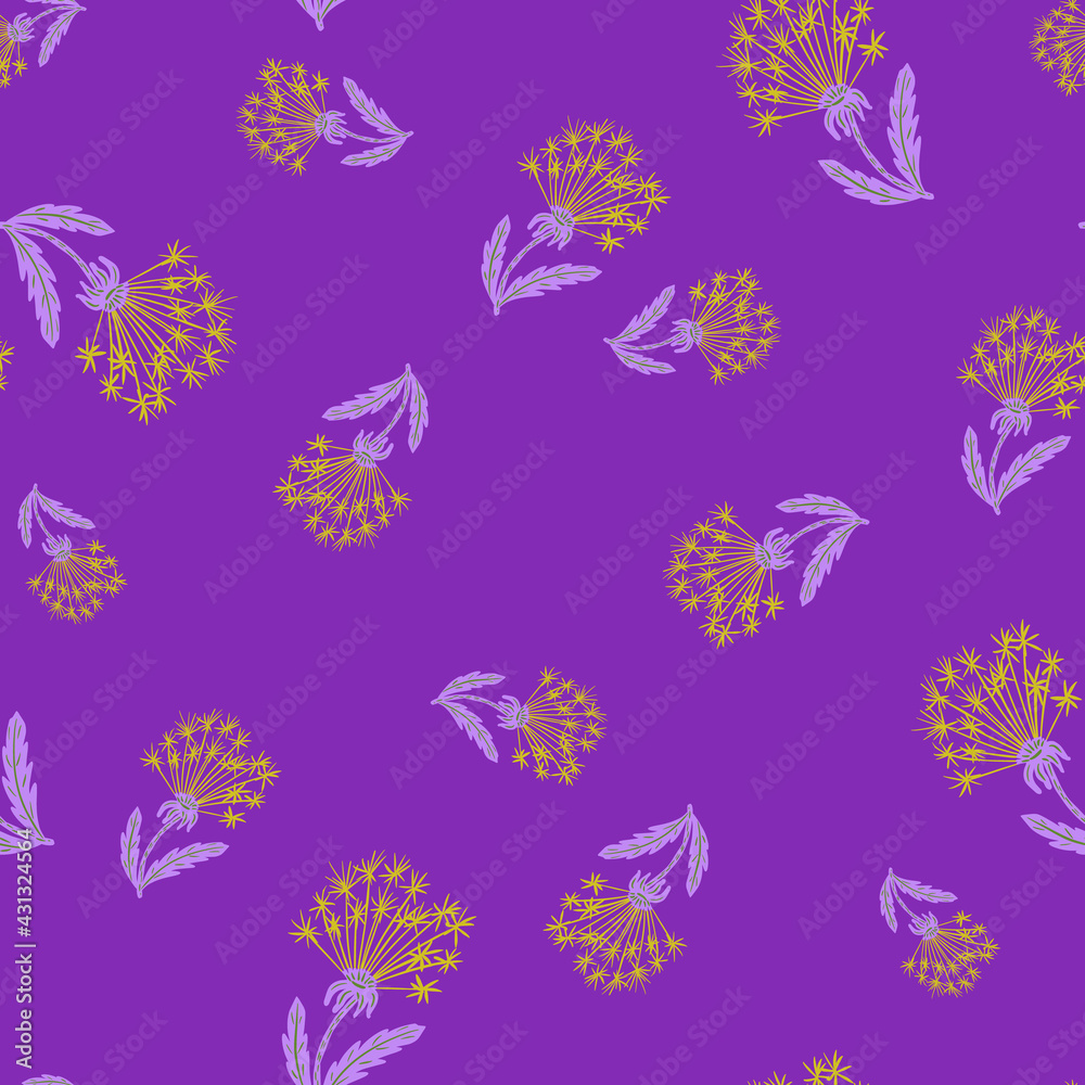 Fototapeta premium Random seamless field pattern with orange dandelion doodle print. Purple background. Natural style.